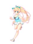  bangs blonde_hair blue_eyes bow bowtie breasts cleavage collarbone dolphin_blade eyebrows_visible_through_hair frills full_body large_breasts leg_up long_hair looking_at_viewer mikeou open_toe_shoes outstretched_arm ponytail sandals shoes skirt sleeveless smile solo transparent_background very_long_hair 