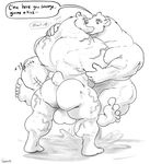  &lt;3 anthro balls bear cum cum_on_ground dialogue duo english_text excessive_cum greyscale hyper hyper_muscles kissing male male/male mammal monochrome muscular nude sex standing text uniparasite veiny_muscles 
