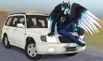  5_fingers anthro barefoot black_nose brown_hair canine car clothed clothing digitigrade feathered_wings feathers fox hair heterochromia male mammal silvermoonfox sitting smile solo vehicle white_feathers wings 