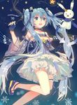  :d aqua_eyes aqua_hair beamed_eighth_notes bunny corpse_(pixiv) detached_sleeves eighth_note fingerless_gloves gloves hatsune_miku long_hair musical_note open_mouth scarf smile snowflakes staff_(music) star star_night_snow_(vocaloid) treble_clef twintails very_long_hair vocaloid wand yuki_miku yukine_(vocaloid) 