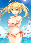  :d ahoge ass_visible_through_thighs bangs bare_arms bare_legs bare_shoulders bikini blonde_hair blue_sky blush bracelet breast_hold breasts cleavage cloud cloudy_sky collarbone commentary_request cowboy_shot criss-cross_halter crossed_arms day earrings eyebrows_visible_through_hair eyelashes fate/extra fate/grand_order fate_(series) green_eyes groin hair_between_eyes hair_intakes halter_top halterneck highres jewelry large_breasts legs_together long_hair looking_at_viewer medium_breasts narusegawa_riko navel nero_claudius_(fate)_(all) nero_claudius_(swimsuit_caster)_(fate) ocean open_mouth outdoors petals rose_petals side-tie_bikini sidelocks sky smile solo standing stomach striped striped_bikini sun swimsuit thigh_gap twintails underboob upper_teeth water 