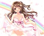  ;d artist_name bangs blush breasts brown_eyes brown_hair cleavage commentary_request cover cover_page doujin_cover dress dress_lift flower frilled_dress frills hair_flower hair_ornament halter_dress idolmaster idolmaster_cinderella_girls long_hair looking_at_viewer medium_breasts no_bra no_panties one_eye_closed one_side_up open_mouth out-of-frame_censoring ozawa_yuu petals pink_dress pink_ribbon rainbow ribbon shimamura_uzuki smile solo sundress swept_bangs 