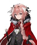  andrian_gilang astolfo_(fate) bangs black_ribbon braid cape commentary fate/apocrypha fate/grand_order fate_(series) flower formal grin hair_ribbon long_hair looking_at_viewer male_focus otoko_no_ko pink_eyes pink_hair red_cape ribbon simple_background smile solo suit sword tress_ribbon upper_body weapon white_background 