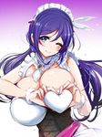  ;) blush breasts brooch feathers frilled_shirt_collar frills gradient gradient_background green_eyes hair_feathers heart heart-shaped_boob_challenge heart_hands huge_breasts ichimatsu_(anaumemondai) jewelry long_hair looking_at_viewer love_live! love_live!_school_idol_project low_twintails maid_headdress mogyutto_&quot;love&quot;_de_sekkin_chuu! one_eye_closed purple_background purple_hair self_fondle smile toujou_nozomi twintails wristband 