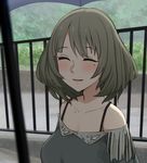  bangs blurry blurry_background blush breasts close-up closed_eyes collarbone commentary_request eyebrows_visible_through_hair facing_viewer green_hair idolmaster idolmaster_cinderella_girls large_breasts mole mole_under_eye parted_lips railing senju_(snz0) short_hair smile takagaki_kaede 