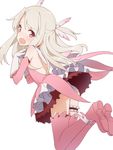  ass bare_back blush boots coupon_(skyth) elbow_gloves embarrassed fate/kaleid_liner_prisma_illya fate_(series) feathers from_behind gloves hair_feathers illyasviel_von_einzbern long_hair magical_girl open_mouth prisma_illya red_eyes silver_hair solo thigh_strap thighhighs white_background 