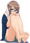  barefoot black-framed_eyewear blue_eyes brown_hair closed_mouth dorsiflexion feet glasses hands_on_own_knees highres leg_hug looking_at_viewer love_live! love_live!_sunshine!! nanotsuki shirt short_hair short_shorts shorts simple_background sitting smile soles solo toes towel towel_on_head watanabe_you white_background 