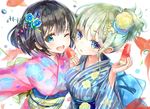  ;d bangs black_hair blue_eyes blue_flower blue_kimono blush bob_cut breasts commentary_request eyebrows_visible_through_hair fish floral_print flower food fruit goldfish green_eyes hair_flower hair_ornament holding holding_food holding_fruit japanese_clothes keepout kimono large_breasts looking_at_viewer multicolored multicolored_eyes multiple_girls obi one_eye_closed open_mouth original parted_lips pink_kimono ponytail sash short_hair sidelocks smile striped striped_kimono upper_body water_drop watermelon yellow_flower yukata 