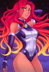  arm_behind_head bare_shoulders blonde_hair breasts bridal_gauntlets commentary dc_comics fingerless_gloves gloves green_eyes iahfy leotard medium_breasts multicolored_hair red_hair sky smile solo star star_(sky) starfire starry_background starry_sky two-tone_hair 