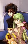  1girl artist_name bangs black_hair blush breasts c.c. cheese-kun cleavage code_geass couch couple creayus eating eyebrows_visible_through_hair food green_hair hand_on_shoulder hat hetero holding indoors lelouch_lamperouge long_hair long_sleeves medium_breasts open_mouth parted_lips pizza purple_eyes short_hair sidelocks sitting stuffed_toy twitter_username yellow_eyes 