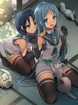  animal bangs black_legwear blue_eyes blue_hair cat commentary_request elbow_gloves gloves gradient_hair green_eyes hair_ribbon highres kantai_collection kayari_buta long_hair low_twintails multicolored_hair multiple_girls nasubi_(fian0202) neckerchief open_mouth ribbon sailor_collar samidare_(kantai_collection) school_uniform serafuku shirt sitting skirt sleeveless sleeveless_shirt suzukaze_(kantai_collection) swept_bangs thighhighs twintails very_long_hair yuri zettai_ryouiki 