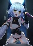  :d arm_belt bandaged_arm bandages bare_shoulders black_gloves blush breasts dagger facial_scar fate/apocrypha fate_(series) fingerless_gloves full_moon gloves green_eyes hair_between_eyes healther heart heart-shaped_pupils highres jack_the_ripper_(fate/apocrypha) looking_at_viewer moon navel night nipples open_mouth saliva scar short_hair silver_hair small_breasts smile solo_focus symbol-shaped_pupils torn_clothes weapon 