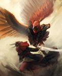  2016 action_pose angry anthro armor armwear avian battle bird clothed clothing digital_media_(artwork) dragon duel dutch_angle eagle eye_contact feathers fight fighting_stance fully_clothed gauntlets gloves hi_res holding_object holding_weapon horn male melee_weapon nomax onyxcenturion open_mouth outside photorealism red_feathers red_scales reptile scales scalie sword weapon wings 