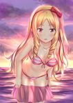  1girl bare_arms bikini blonde_hair blush bow breasts cloud collarbone day drill_hair eromanga_sensei eyebrows_visible_through_hair female front-tie_bikini gluteal_fold green_eyes hair_bow long_hair looking_at_viewer medium_breasts midriff muwa12 navel ocean outdoors pink_skirt pointy_ears red_bow see-through side-tie_bikini skirt skirt_pull sky solo standing striped striped_bikini swimsuit twin_drills water yamada_elf 