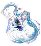  absurdly_long_hair absurdres aqua_eyes aqua_hair baocaizi boots detached_sleeves eighth_note full_body hatsune_miku highres long_hair magical_mirai_(vocaloid) microphone musical_note open_mouth skirt solo thigh_boots thighhighs twintails very_long_hair vocaloid white_background 