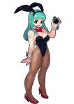  absurdres animal_ears aqua_hair bangs bare_shoulders black_leotard blue_eyes blunt_bangs bow bowtie breasts bulma bunny_ears bunny_girl bunny_tail bunnysuit cleavage collarbone dragon_ball dragon_ball_(classic) dragon_radar eyebrows_visible_through_hair fengmo full_body hairband high_heels highres holding large_breasts leotard long_hair open_mouth pantyhose red_footwear red_neckwear simple_background smile solo standing strapless strapless_leotard tail white_background wrist_cuffs 
