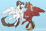  2017 black_hair blonde_hair blue_background blue_eyes brown_hair duo equine eyes_closed fan_character feathered_wings feathers female feral fur gear_(mlp) hair male mammal multicolored_hair my_little_pony pegasus red_fur red_wings simple_background sunny_way sunny_way_(mlp) white_fur white_wings wings 