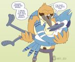  anthro anti_dev avian bird black_tongue blue_body blue_eyes blue_jay blush bottomless brown_body brown_eyes cartoon_network chest_tuft clothed clothing corvid dialogue digital_media_(artwork) duo english_text feathers fur green_background grin john_(regular_show) legs_up male male/male mordecai_(regular_show) open_mouth oriole pants prosthetic_leg pubes regular_show simple_background smile standing teeth text tongue topless tuft white_body 