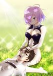 1girl absurdres bare_legs bare_shoulders blurry breasts brown_hair cleavage closed_eyes depth_of_field fate/grand_order fate_(series) fujimaru_ritsuka_(male) groin hair_over_one_eye hand_in_another's_hair hand_on_another's_face highres lap_pillow large_breasts mash_kyrielight navel purple_eyes purple_hair sarujie_(broken_monky) sitting sleeping smile wariza 