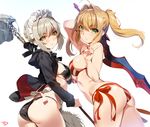  apron arched_back arm_up artoria_pendragon_(all) artoria_pendragon_(swimsuit_rider_alter) ass bikini black_bikini blonde_hair blush breasts closed_mouth cowboy_shot eyebrows_visible_through_hair fate/grand_order fate_(series) green_eyes hair_between_eyes hair_intakes highres hood hooded_jacket hoodie jacket light_brown_hair long_hair long_sleeves looking_at_viewer maid_headdress md5_mismatch medium_breasts mop multiple_girls nail_polish nero_claudius_(fate)_(all) nero_claudius_(swimsuit_caster)_(fate) open_clothes open_hoodie open_jacket saber_alter side-tie_bikini sideboob simple_background smile striped striped_bikini swimsuit sword twintails v waist_apron weapon white_background yang-do yellow_eyes 