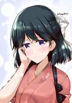  alternate_hair_length alternate_hairstyle black_hair blush commentary_request hakama half_updo hand_on_own_cheek houshou_(kantai_collection) japanese_clothes kantai_collection kimono looking_at_viewer mikage_takashi purple_eyes signature smile solo tasuki twitter_username upper_body 