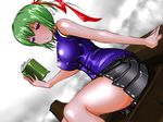  alternate_breast_size alternate_hairstyle arm_support bangs bare_arms bare_shoulders black_skirt blue_eyes blue_vest book breasts commentary_request dutch_angle green_hair hair_ribbon jaja large_breasts looking_at_viewer open_book red_ribbon ribbon shiki_eiki short_hair short_ponytail sitting skirt sleeveless solo touhou vest white_ribbon 