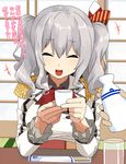  ^_^ ^o^ breasts choko_(cup) chopsticks closed_eyes cup drinking_glass epaulettes grey_hair kantai_collection kashima_(kantai_collection) kotatsu kozou_(rifa) large_breasts sitting solo_focus table teeth tokkuri translated twintails uniform 