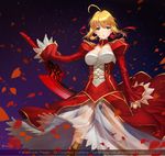  absurdres aestus_estus ahoge ass_visible_through_thighs blonde_hair blush breasts cleavage epaulettes fate/extra fate_(series) green_eyes hair_ribbon highres juliet_sleeves large_breasts legs_apart long_sleeves nero_claudius_(fate) nero_claudius_(fate)_(all) nutthapon_petchthai panties parted_lips petals puffy_sleeves ribbon rose_petals see-through short_hair solo spread_legs sword thighs underwear watermark weapon web_address white_panties wide_sleeves 