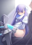  1girl aqua_legwear armor armored_boots ass bangs blue_eyes blush boots closed_mouth commentary_request eyebrows_visible_through_hair fate/grand_order fate_(series) fujimaru_ritsuka_(male) hair_ribbon haribote juliet_sleeves long_hair long_sleeves meltlilith nose_blush on_lap puffy_sleeves ribbon sitting sitting_on_lap sitting_on_person solo_focus thighhighs thighs very_long_hair wavy_mouth white_coat white_ribbon 