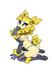  2017 absurd_res anthro anthrofied blue_eyes boots breasts butt clothed clothing female footwear fur hi_res jijis-waifus joltik nintendo nipples oh-jiji pok&eacute;mon pok&eacute;morph simple_background small_breasts smile topless video_games white_background yellow_fur 