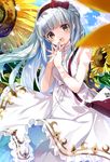  bag blush bow brown_eyes dress emia_(castilla) eyebrows_visible_through_hair grey_hair hairband handbag hands_clasped highres long_hair looking_at_viewer open_mouth own_hands_together red_bow shironeko_project sleeveless smile solo white_dress 
