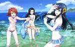  :d ;d absurdres beach bikini bikini_skirt black_hair blue_bikini blue_eyes breasts chiba_erika cleavage collarbone day floating_hair flower frilled_bikini frills groin hair_flower hair_ornament hair_ribbon halterneck highres inflatable_dolphin inflatable_toy ishii_kaori long_hair mahouka_koukou_no_rettousei medium_breasts multiple_girls navel ocean official_art one_eye_closed open_mouth outdoors pale_skin pink_bikini ponytail red_eyes red_hair ribbon saegusa_mayumi sarong shiba_miyuki side-tie_bikini smile standing strapless strapless_bikini sunflower swimsuit very_long_hair wading white_ribbon yellow_flower yellow_ribbon 