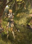  anthro armor cheetah claws clothing detailed_background digitigrade feline fishing foot_wraps forest hand_wraps hindpaw male mammal melee_weapon paws polearm river skirt solo spear standing sunlight sword titusw toe_claws tree weapon wraps 