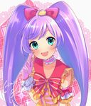  :d ahoge aqua_eyes blush bow choker collarbone commentary_request cross-laced_clothes eyebrows_visible_through_hair gloves green_eyes hair_bow happy_birthday index_finger_raised long_hair looking_at_viewer manaka_lala open_mouth pastel_colors pink_bow pretty_(series) pripara purple_gloves purple_hair satoimo_chika smile solo twintails 