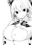  :d ascot bangs blush bow breast_grab breasts detached_sleeves golgi_hon grabbing grabbing_from_behind greyscale hair_between_eyes hair_bow hair_tubes hakurei_reimu highres large_breasts looking_at_viewer monochrome nipples open_mouth ribbon-trimmed_sleeves ribbon_trim sidelocks simple_background smile solo_focus touhou upper_body white_background 