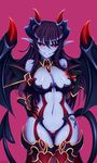  artist_name ass_visible_through_thighs bare_shoulders black_hair black_sclera blue_skin breasts cleavage curvy demon_(monster_girl_encyclopedia) demon_girl demon_horns demon_tail demon_wings earrings elbow_gloves evil_grin evil_smile gloves grin hair_between_eyes hand_on_hip hand_on_own_chest heart heart_earrings highres horns jewelry large_breasts long_hair looking_at_viewer monster_girl_encyclopedia navel pink_background pointy_ears red_eyes simple_background slit_pupils smile solo tail tattoo thick_thighs thigh_gap thighhighs thighs wide_hips wings wlper 