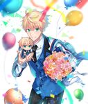  absurdres ahoge arthur_pendragon_(fate) blonde_hair chibi fate/grand_order fate/prototype fate_(series) formal green_eyes highres looking_at_viewer male_focus riyo_(lyomsnpmp)_(style) seseragi_azuma solo suit 