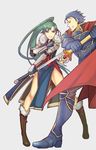  1girl armor axe blue_hair cape elbow_gloves fire_emblem fire_emblem:_kakusei fire_emblem:_rekka_no_ken fire_emblem_heroes fur_coat gloves green_hair grey_background hector_(fire_emblem) holding holding_sword holding_weapon katana kyou_(ningiou) long_hair lyndis_(fire_emblem) ponytail simple_background smile sword weapon 