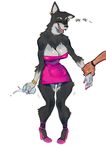  2017 absurd_res anthro big_breasts black_fur breasts canine cleavage clothed clothing disembodied_hand dress drunk ear_piercing eyelashes eyes_closed fangs female footwear fur giggle glass hi_res high_heels jijis-waifus mammal nipple_bulge open_mouth piercing shoes simple_background skimpy small_waist smile solo voluptuous white_background wide_hips wolf 