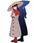  afterimage ajirogasa black_hair braid buttons cape coat commentary earlobes full_body grey_coat hands_together hat mefomefo red_cape red_eyes red_legwear sandals simple_background smile snow solo standing touhou twin_braids yatadera_narumi 