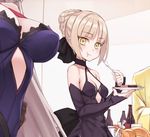  alcohol alternate_costume artoria_pendragon_(all) bare_shoulders blonde_hair braid breast_awe breasts cake cleavage commentary_request detached_sleeves eating fate/grand_order fate_(series) food fork formal hair_bun hair_ribbon jeanne_d'arc_(alter)_(fate) jeanne_d'arc_(fate)_(all) large_breasts matsuryuu medium_breasts multiple_girls pale_skin plate ribbon saber_alter yellow_eyes 