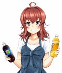  ahoge arashi_(kantai_collection) bangs blush bottle brand_name_imitation casual cola collarbone commentary_request eyebrows_visible_through_hair grey_eyes grin hair_intakes haoto_(arnica_leaf) holding holding_bottle kantai_collection looking_at_viewer medium_hair messy_hair pepsi red_hair short_sleeves simple_background smile soda_bottle solo upper_body white_background 