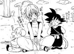  2boys age_difference black_eyes bulma cloud crossed_legs dougi dragon_ball dragon_ball_(classic) egyptian_clothes eyebrows_visible_through_hair frown greyscale hand_on_hip looking_at_another looking_up monochrome multiple_boys nyoibo oolong open_mouth pig ponytail radar sandals short_hair sitting son_gokuu spiked_hair suspenders sweat sweatdrop tail tkgsize tongue tongue_out translated waistcoat wristband 