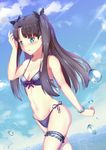  artist_name black_hair black_ribbon blue_eyes blush breasts cleavage eyebrows_visible_through_hair fate/stay_night fate_(series) hair_ribbon highres looking_at_viewer medium_breasts navel parted_lips ribbon signature swimsuit toosaka_rin two_side_up water_drop yeh_(354162698) 