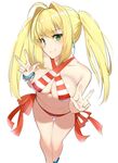  ahoge bad_id bad_twitter_id bikini blonde_hair blush breasts collarbone criss-cross_halter double_v eyebrows_visible_through_hair fate/grand_order fate_(series) green_eyes hair_intakes halterneck large_breasts long_hair looking_at_viewer navel nero_claudius_(fate)_(all) nero_claudius_(swimsuit_caster)_(fate) orange_bikini side-tie_bikini simple_background smile solo striped striped_bikini suzuharu_toufu swimsuit twintails v white_background wristband 