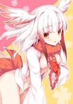  bangs bird_tail blunt_bangs bottomless breasts brown_eyes brown_hair eyebrows_visible_through_hair frilled_sleeves frills fur_collar gloves gradient_hair hand_on_own_chest head_wings japanese_crested_ibis_(kemono_friends) kemono_friends leaning_forward light_smile long_hair long_sleeves looking_at_viewer medium_breasts multicolored multicolored_background multicolored_hair navel nipples open_clothes open_shirt parted_lips pink_background red_gloves red_hair sample shirt sidelocks solo tateha_(marvelous_grace) two-tone_background white_hair white_shirt wide_sleeves yellow_background 