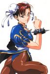  ass bracelet brown_legwear bun_cover china_dress chinese_clothes chun-li double_bun dougi dress from_behind jewelry pantyhose pelvic_curtain puffy_sleeves simple_background solo spiked_bracelet spikes street_fighter urushihara_satoshi white_background 