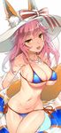  :d absurdres animal_ears bikini blue_bikini bow breasts brown_eyes cowboy_shot ears_through_headwear eyebrows_visible_through_hair fate/extra fate/extra_ccc fate/grand_order fate_(series) fox_ears fox_tail fujisaka_kuuki hat hat_bow hat_ribbon highres innertube jewelry large_breasts looking_at_viewer navel necklace open_mouth pink_hair ribbon side-tie_bikini skindentation smile solo string_bikini sun_hat swimsuit tail tamamo_(fate)_(all) tamamo_no_mae_(fate) tamamo_no_mae_(swimsuit_lancer)_(fate) thigh_gap white_hat 