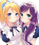  :o apron ayase_eli blonde_hair blue_bow blue_eyes blue_ribbon blush bow breasts closed_mouth dress eyebrows_visible_through_hair green_eyes hair_bow hair_over_shoulder large_breasts long_hair looking_at_viewer love_live! love_live!_school_idol_project maid maid_headdress multiple_girls neck_ribbon parted_lips pinafore_dress pink_scrunchie ponytail purple_hair ribbon satoimo_chika scrunchie short_sleeves smile toujou_nozomi twintails upper_body white_background 