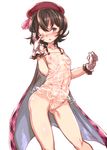  ass_visible_through_thighs beret black_eyes blush brown_hair canna_(granblue_fantasy) cape gloves granblue_fantasy harigane_shinshi hat highres looking_at_viewer navel nipples one-piece_swimsuit one_eye_closed open_mouth see-through short_hair simple_background solo swimsuit white_background white_gloves 